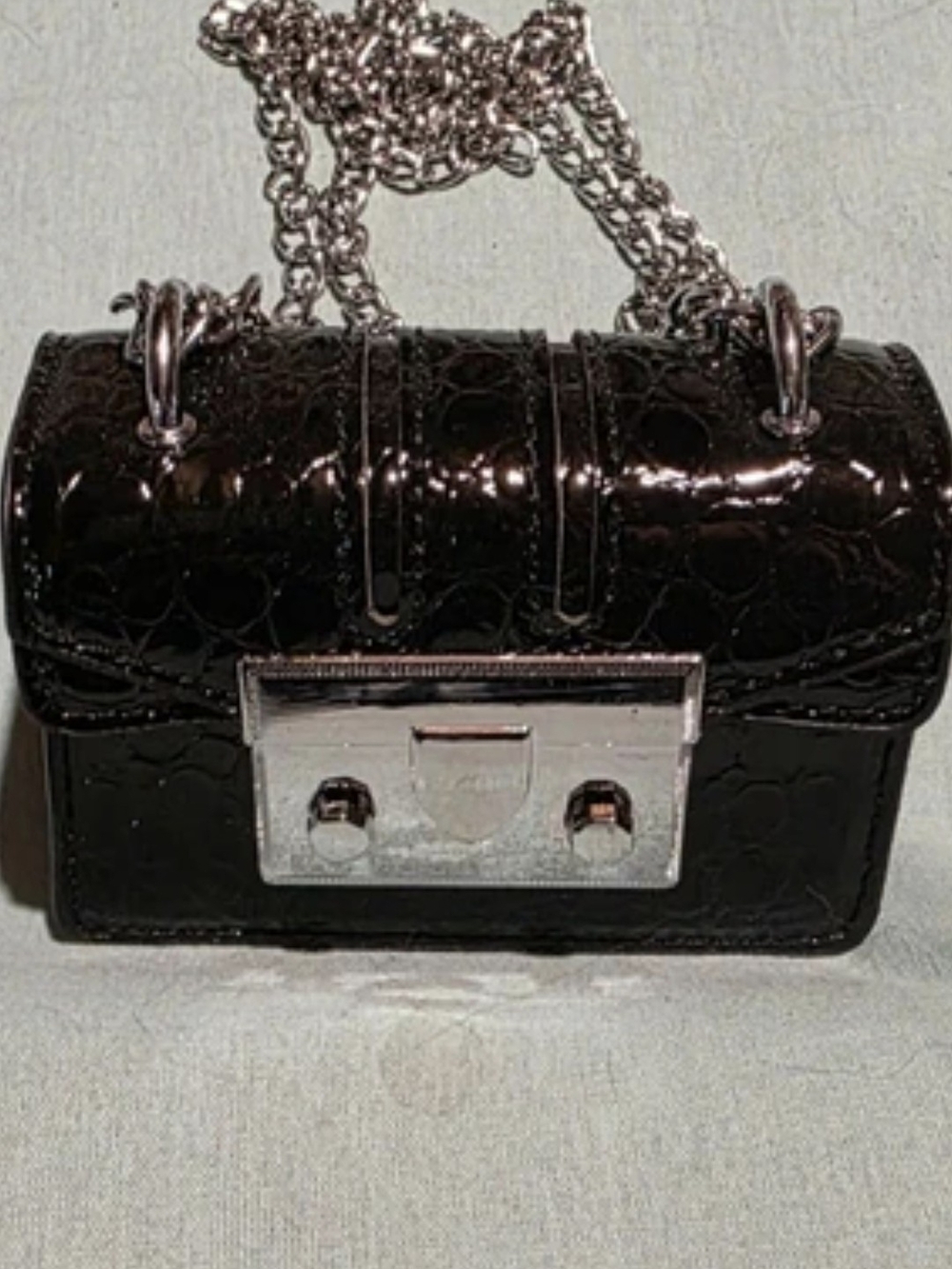 Black Patent Mini Shoulder Bag with Silver Chain With Shell Keychain